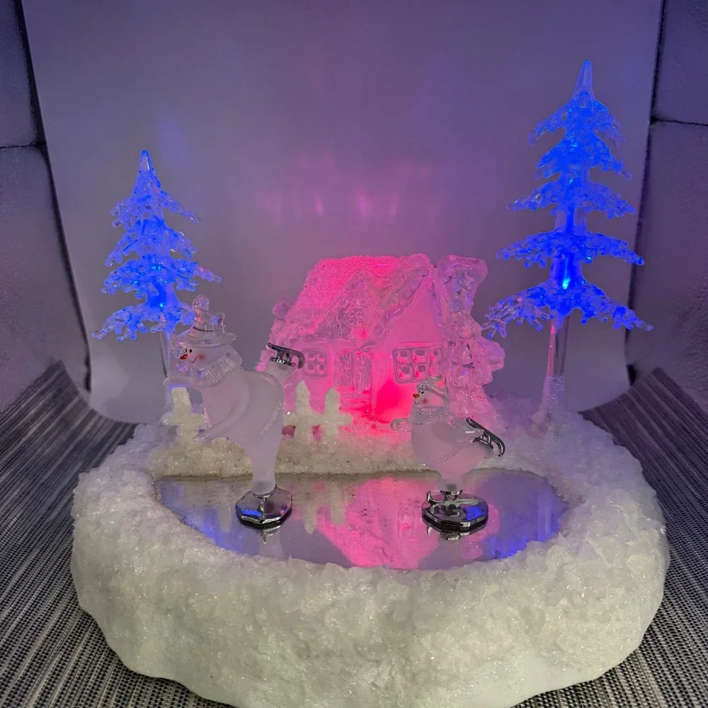 Heritage Mint Holiday Ice Sculptures Skating Snowman Village Scene C135 Light Up